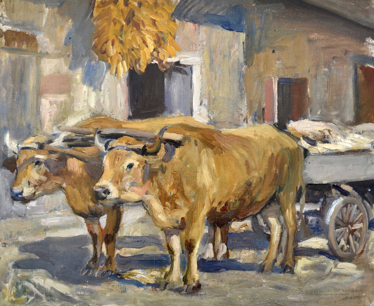 JONAS Lucien Hector (1880-1947) " Boeufs tirant une charrette " Anzin Paris -photo-2