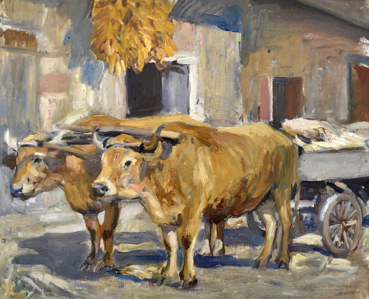 JONAS Lucien Hector (1880-1947) " Boeufs tirant une charrette " Anzin Paris 