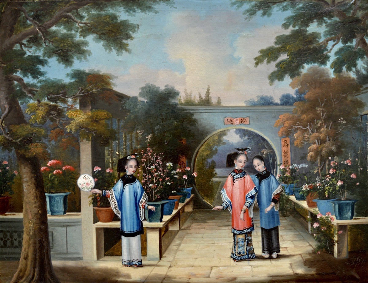 YOUQUA (act. 1840-1880) et son atelier « Femmes dans un jardin chinois » Canton Chine Chinnery 