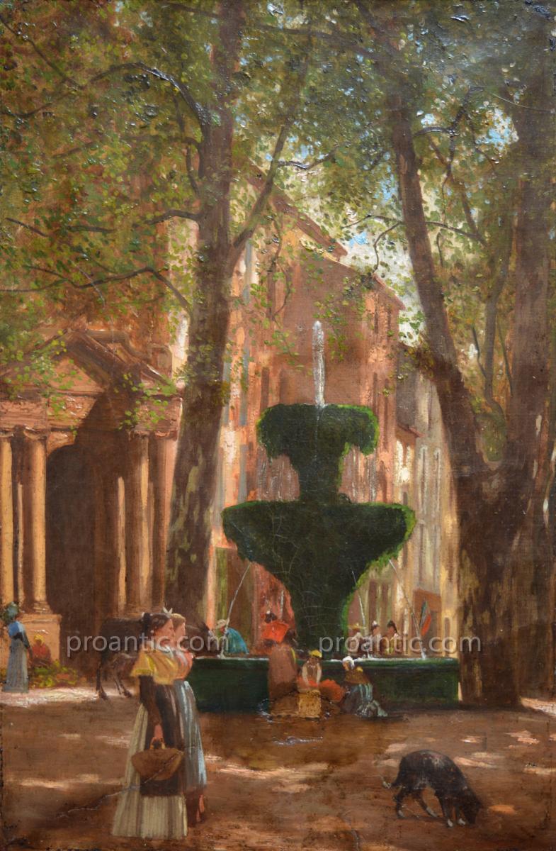 ISNARD Jean-Roch (1845-1890) "Place de la Grande Fontaine à Salon de Provence 1877" Arles Aix 