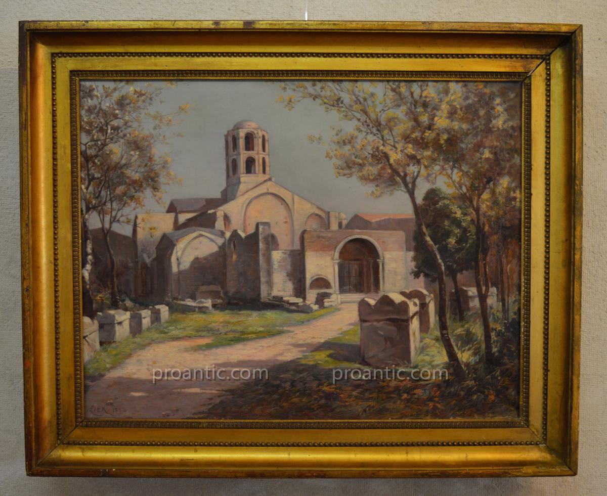 IZIER Jules (XIX-XX) "Les Alycamps et la Chapelle Saint Honorat à Arles" Provence Avignon