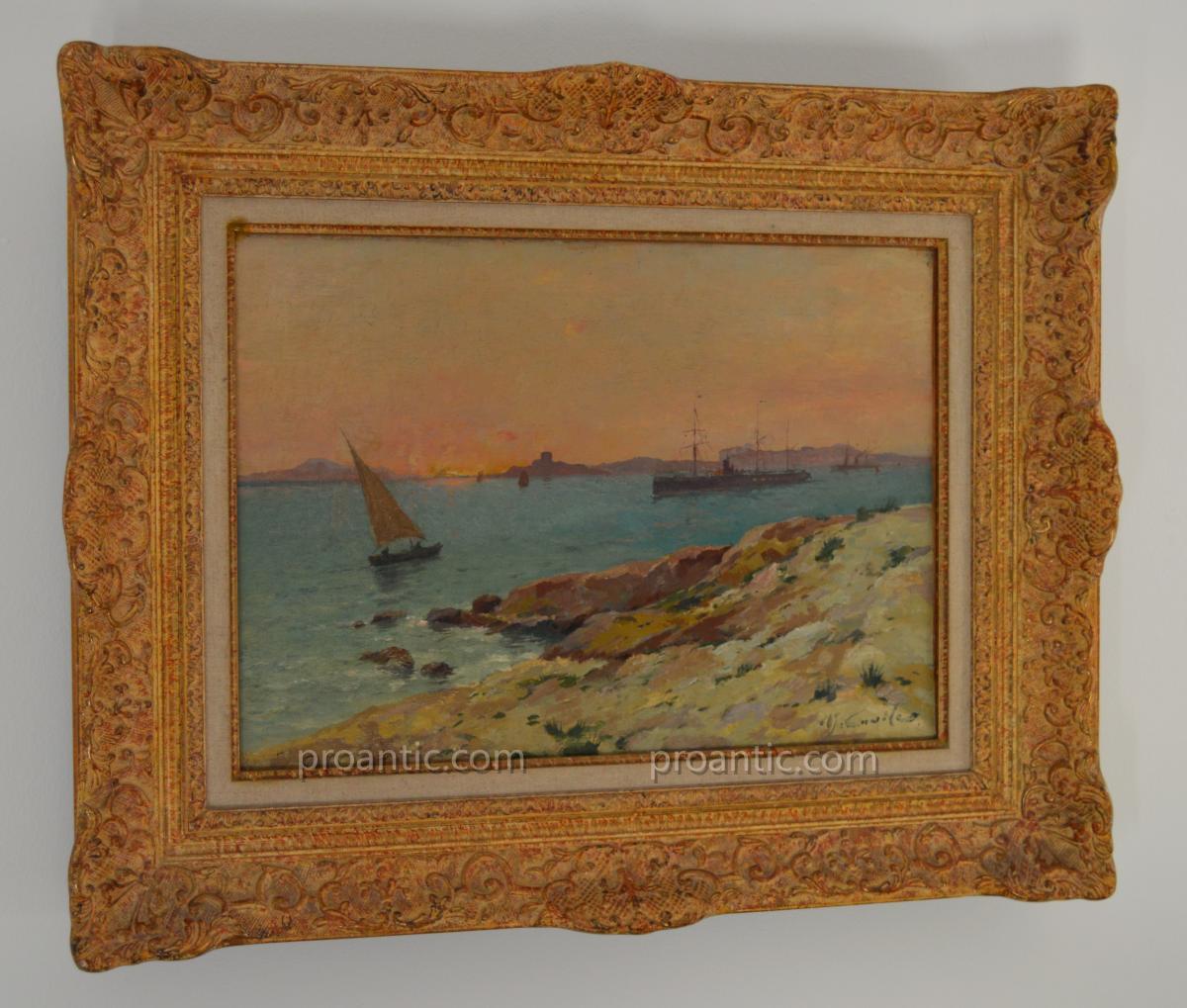 CASILE Alfred (1848-1909) "Coucher de soleil sur les îles du Frioul" Marseille Provence Boudin -photo-2