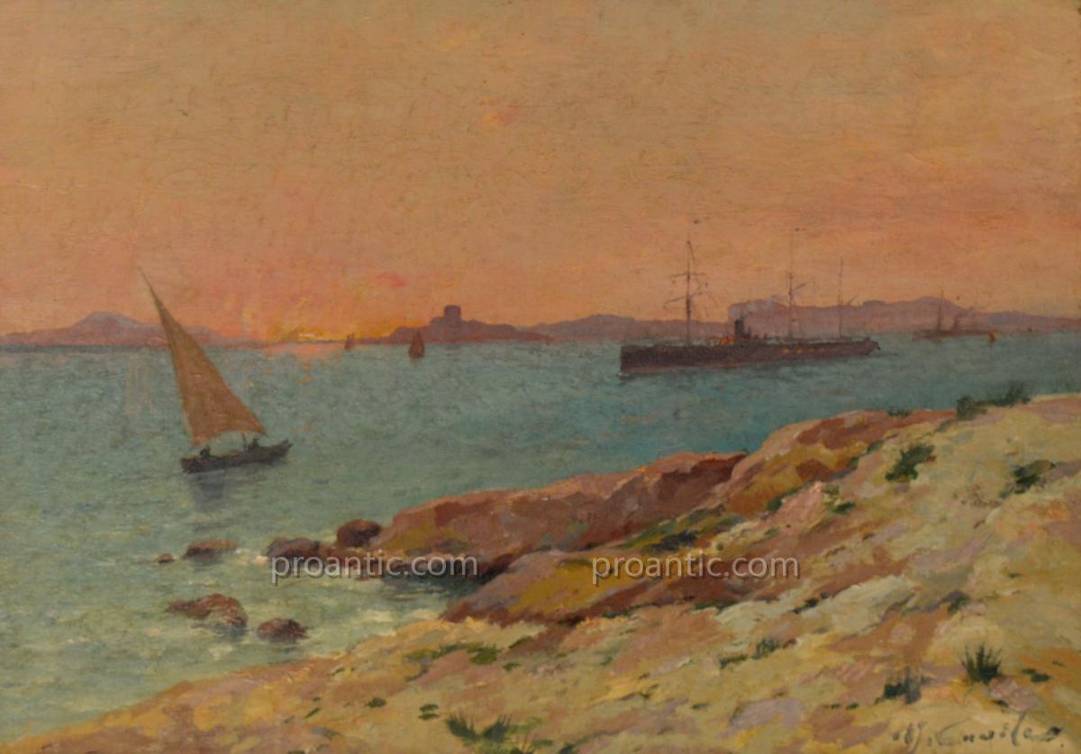 CASILE Alfred (1848-1909) "Coucher de soleil sur les îles du Frioul" Marseille Provence Boudin -photo-3