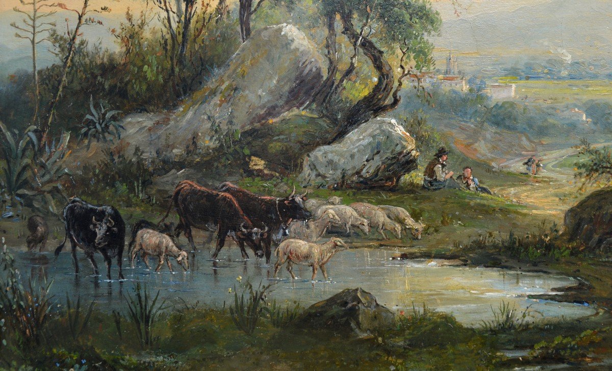 Defer Jules (1803-1902) "shepherds And His Flock In The Hinterland Of Nice" Provence Menton Var-photo-3