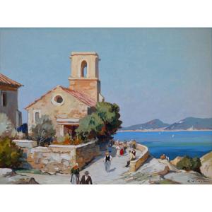 VIDAL Gustave (1895 - 1966) « Dimanche au village, Corse » Provence Mer Avignon Messe Bastia   