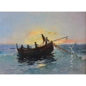 SUPPARO Ange (1870-1948)" Pêcheurs au soleil couchant en Méditerranée " Marseille Porquerolles