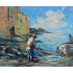 CARDELLA Tony (1898-1976)«Pêcheurs dans le port d'Erbalunga Corse» Bastia Brando Provence Sisco