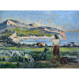 BARTHALOT Marius (1861-1955)"Berger et son troupeau Les Lecques" Marseille Ciotat Saint Cyr Var