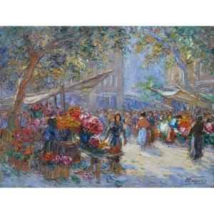 CUGUEN Victor (1882-1969) "Marché à Toulon" Provence Fleuriste Fleurs Pontorson 