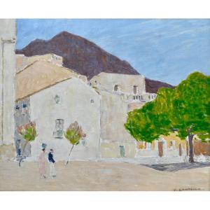 LANTOINE Fernand (1876-1956) «La Place à Cadaquès, Espagne» Costa Brava Bruxelles Catalogne 