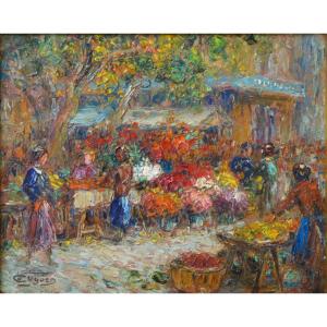 CUGUEN Victor (1882-1969) "Marché à Toulon" Provence Fleuriste Fleurs Pontorson Var