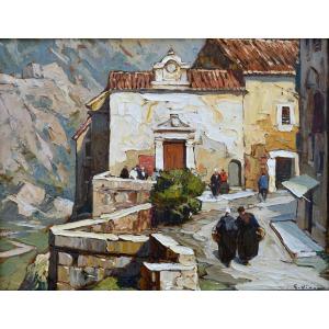 VIDAL Gustave (1895 - 1966) « Rue animée au Baux de Provence » Avignon Alpilles Maussane Paris