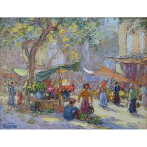 CUGUEN Victor (1882-1969) "Marché aux fleurs à Toulon" Provence Fleuriste Pontorson Var