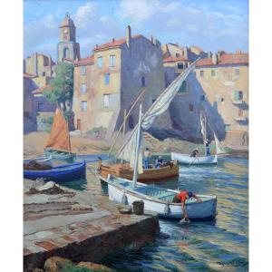 LA BANY Maurice (1880-1960) " Pêcheurs dans le port de la Ponche à Saint-Tropez " Var Provence