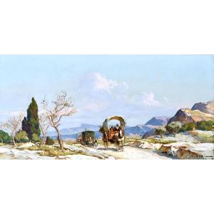 VIDAL Gustave (1895-1966) "Charrettes sur un chemin dans les Alpilles" Avignon Provence Paris
