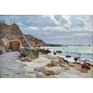 MONTAGNE Louis (1879-1960) «Plage animée en Normandie» Tréport Bretagne Paris Avignon Trouville
