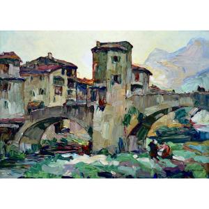 PASTOUR Louis (1876-1948) « Pont de Sospel » Provence Menton Nice Paris Lavandieres Alpes