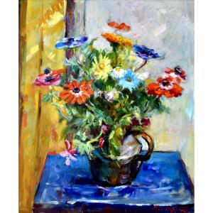 AGOSTINI Max (1914-1997) " Bouquet de fleurs " Paris Allauch Aix Jardin Corse Anémones