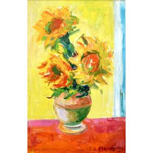 Serge Mendjiksy (1929-2017) "the Suns - Bouquet Of Sunflowers" Provence Var Paris Flowers