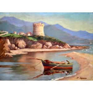 CORIZZI Paul (1883-1953) "Pêcheur au pied de la Tour de Capitello en Corse" Ajaccio Porticcio 