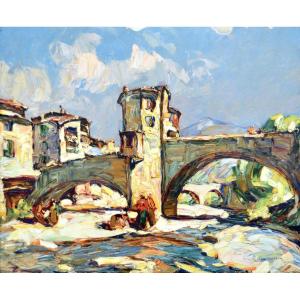 Pastour Louis (1876-1948) "washerwomen Under The Sospel Bridge" France Provence Cannes Menton