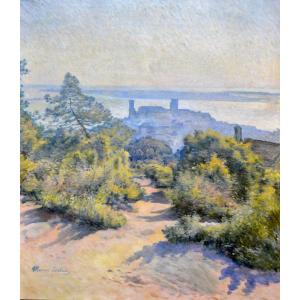 DALON Marius (XIX-XXe) "Vue du Suquet et des îles de Lérins à Cannes " Provence Impressionnisme