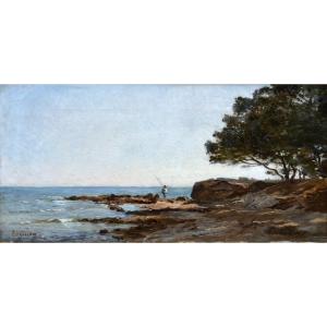 VIGUIER Fortuné (1841-1916) "Pêcheur sur les rochers à Carqueiranne" Hyères Marseille Provence