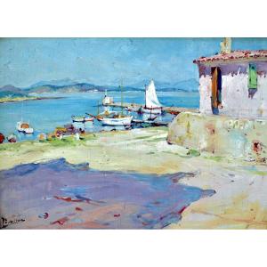 MILON Joseph (1868-1947) "Le port de l'île de Porquerolles " Hyères Provence Paris Toulon Giens