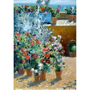 Roux-renard Marius (1870–1936) “the Terrace With Geraniums In Villeneuve Lez Avignon” Provence