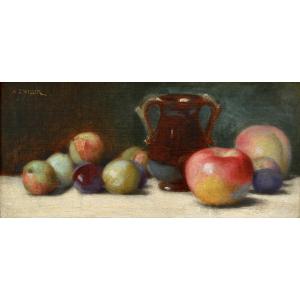 ZWILLER Augustin (1850-1939) « Nature morte aux prunes, pommes et au pichet » Alsace Henner