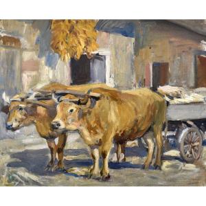 JONAS Lucien Hector (1880-1947) " Boeufs tirant une charrette " Anzin Paris