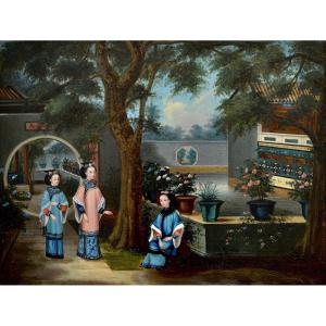 YOUQUA (act. 1840-1880) et son atelier « Femmes dans un jardin chinois » Canton Chine Chinnery