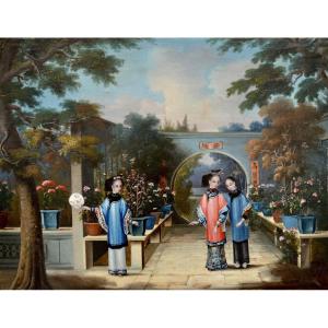 YOUQUA (act. 1840-1880) et son atelier « Femmes dans un jardin chinois » Canton Chine Chinnery