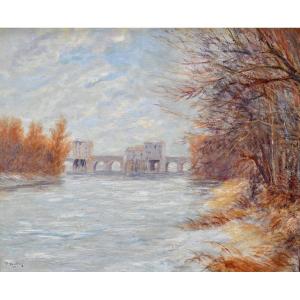 VOGLER Paul (1852-1904) " Le pont de Poissy avec ses moulins " Sisley Impressionniste Paris