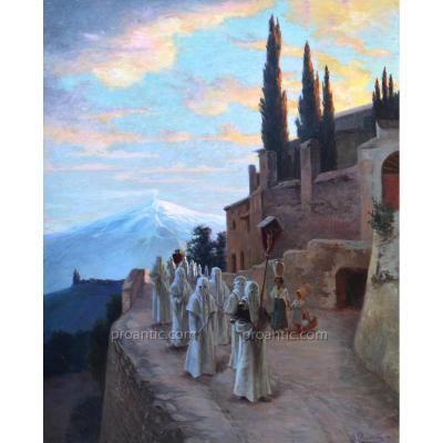 BONNEAU Jacques (1875-?) "Procession des Pénitents Blancs à Malaucène" Ventoux Provence Bedoin 