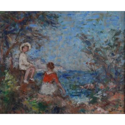 D'ESPAGNAT Georges (1870 - 1950) « Mère et son enfant en bord de mer » Provence Var Paris Renoir Vuillard Bonnard France Fauve