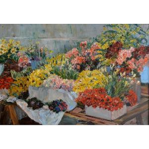 FLOUTIER Louis (1882-1936) "Marché aux fleurs à Saint Jean de Luz" Ciboure Toulouse Hendaye 