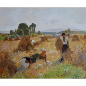Chagniot Alfred-jean (1905-1991) "harvest Scene In Etrolles" Montezin Vuillard Paris Yonne