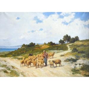 JOURDAN Théodore (1833-1908) "Berger et son troupeau" Salon de Provence Marseille Rognac Loubon