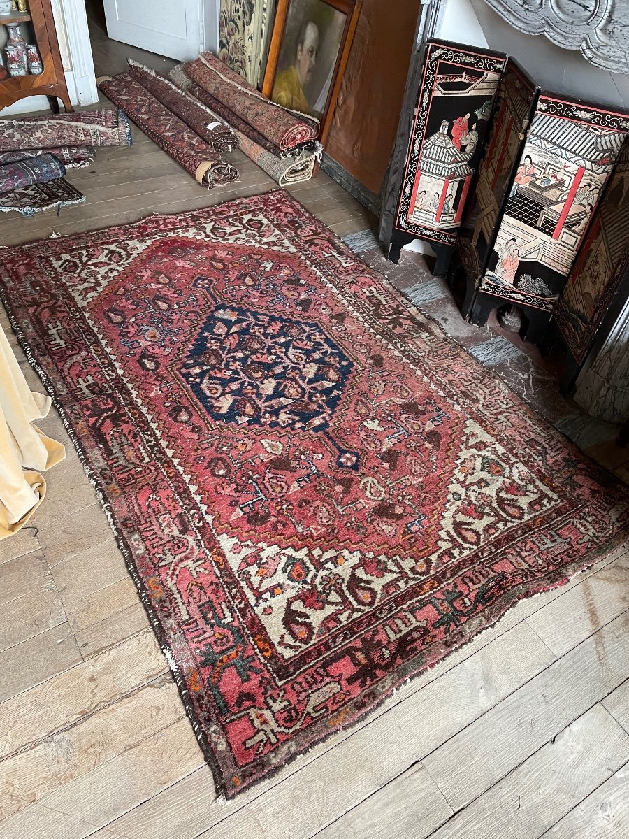 Très Beau Tapis Ancien Motif Jardin En Vieux Rose