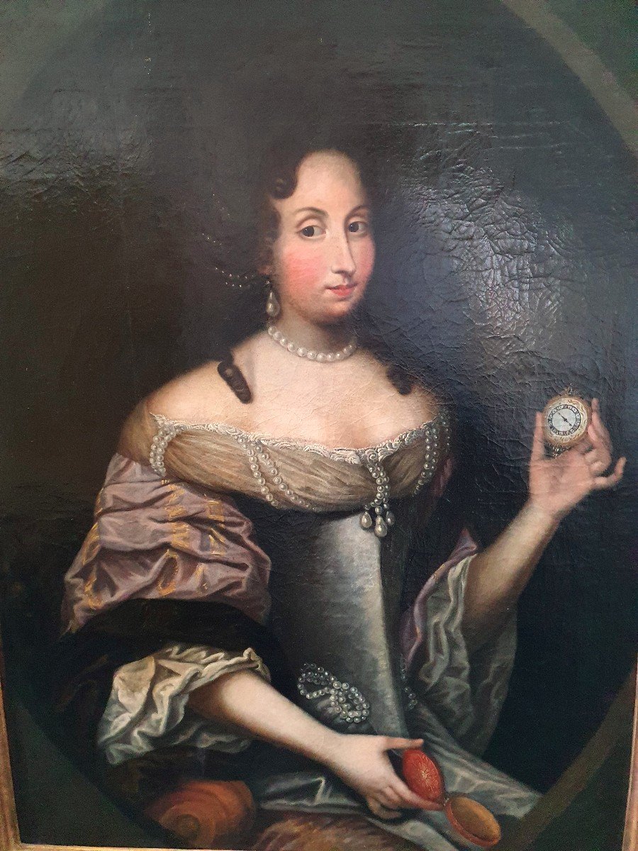 Rare Portrait Of A 17th Century Lady Holding A Timepiece