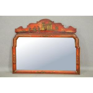 Red Asian Lacquered Wood Mirror 83 X 97cm