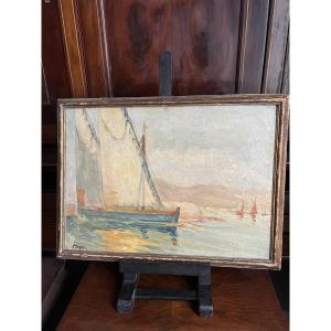 Paysage maritieme huile sur bois