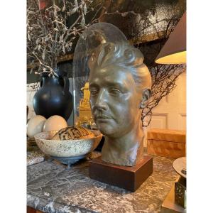 Woman's Head In Patinated Bronze Plaster