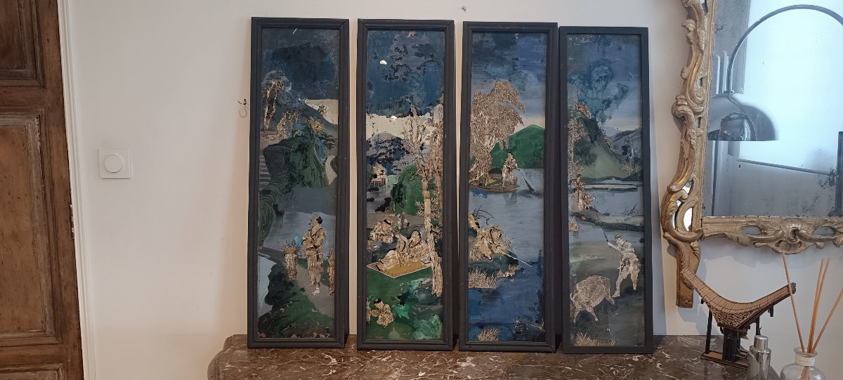 Ensemble de quatre fixé sous verre Japon 