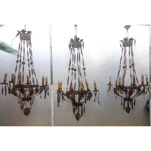 Set Of Three Identical Chandeliers In Sheet Metal With 6 Lights