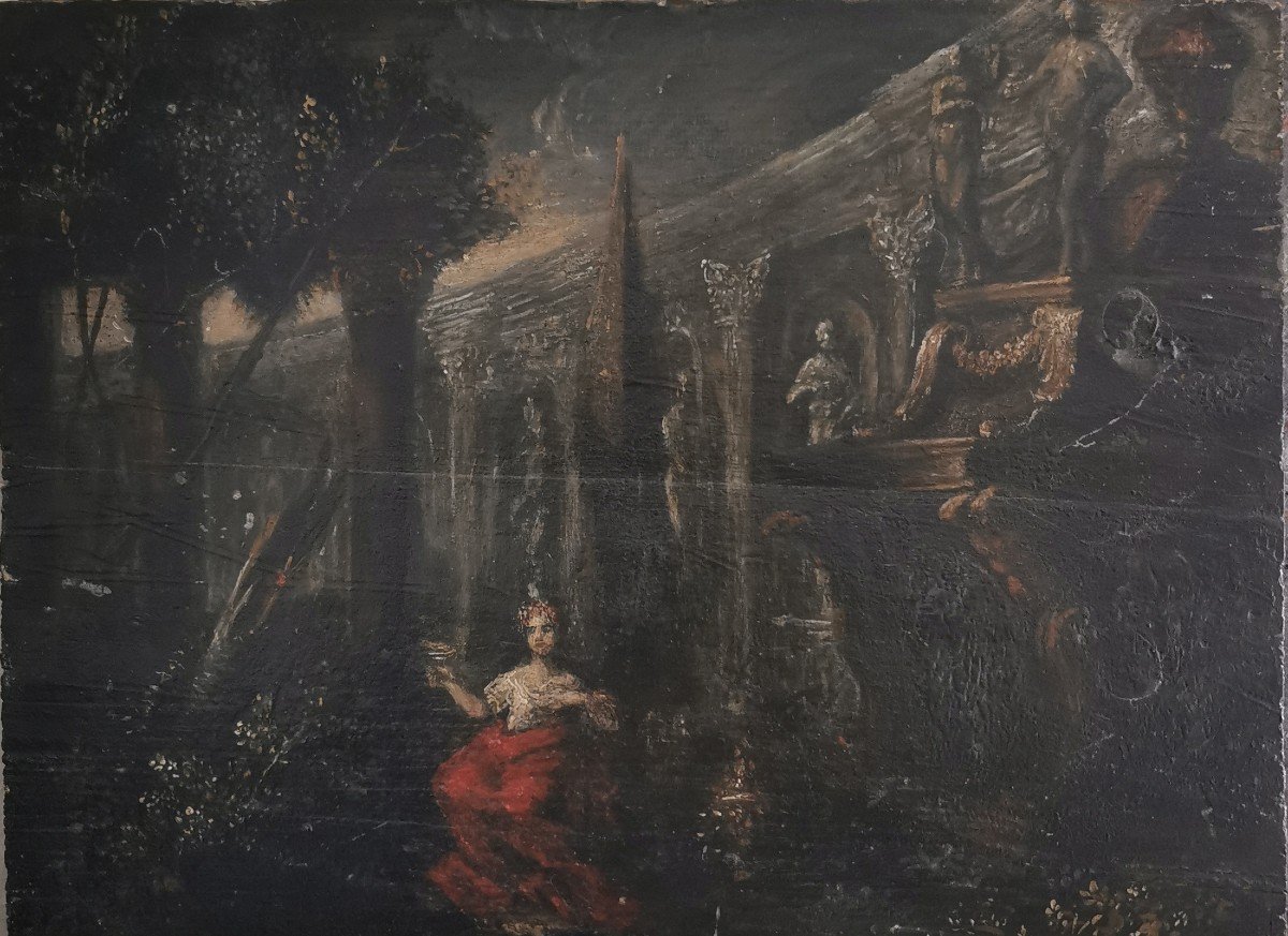 Lady In A Landscape With Ruins Oil On Panel