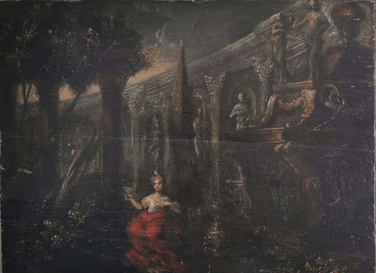 Dame Dans Un Paysage Aux Ruines Huile Sur Panneau