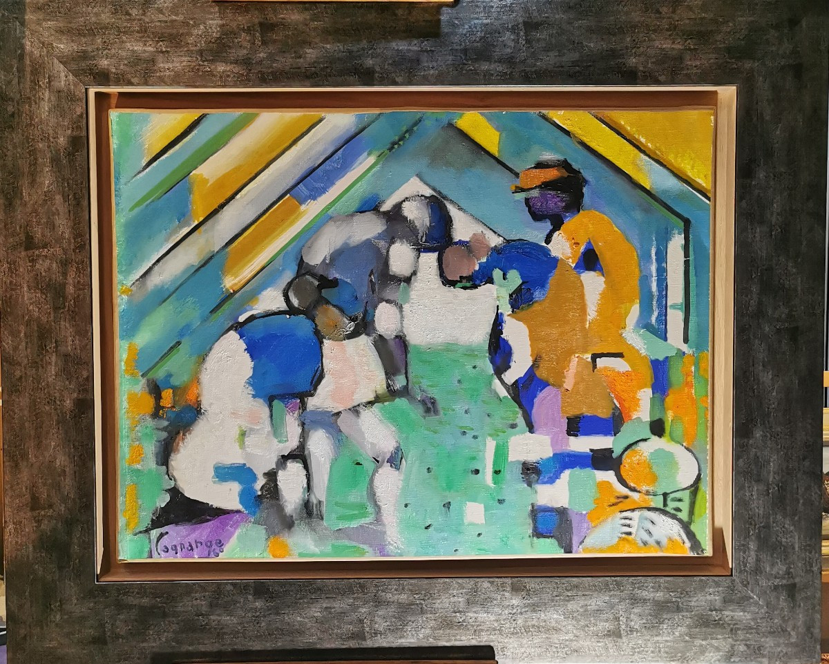 Tableau par Jacques Lagrange 1917/1995.La Cueillette à Antibes en 1960