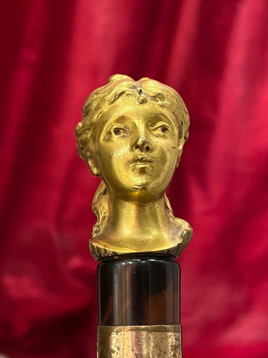 Beautiful Woman's Cane In Mahogany Wood With Head Of Woman In Gilded Bronze-photo-2